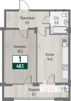 1-к квартира, строящийся дом, 48м2, 3/16 этаж