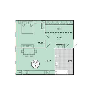 1-к квартира, строящийся дом, 43м2, 1/4 этаж