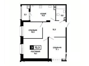 3-к квартира, вторичка, 72м2, 7/24 этаж