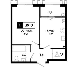 1-к квартира, строящийся дом, 39м2, 2/21 этаж