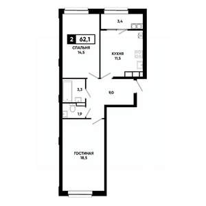 2-к квартира, вторичка, 62м2, 16/19 этаж