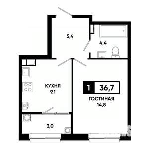 1-к квартира, вторичка, 37м2, 9/19 этаж