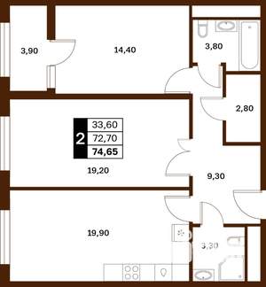2-к квартира, строящийся дом, 75м2, 7/14 этаж