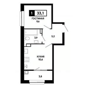 1-к квартира, строящийся дом, 33м2, 4/19 этаж