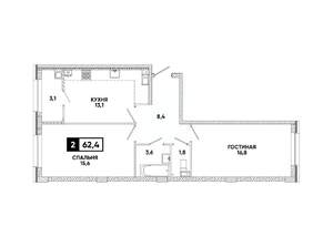 2-к квартира, вторичка, 62м2, 11/16 этаж