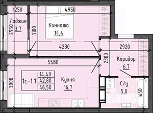 1-к квартира, строящийся дом, 46м2, 17/25 этаж