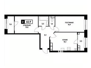 2-к квартира, вторичка, 63м2, 19/20 этаж