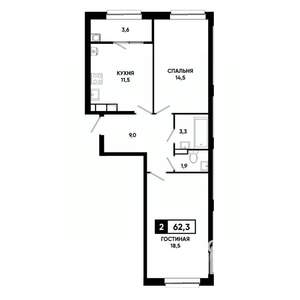 2-к квартира, строящийся дом, 62м2, 12/19 этаж