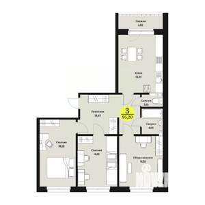 3-к квартира, строящийся дом, 95м2, 1/12 этаж