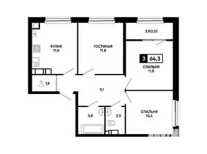 3-к квартира, вторичка, 64м2, 12/24 этаж