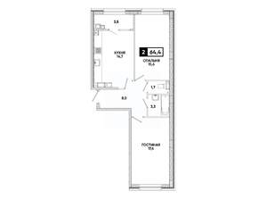 2-к квартира, вторичка, 64м2, 13/16 этаж