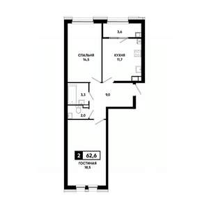 2-к квартира, вторичка, 63м2, 4/16 этаж