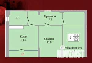 2-к квартира, вторичка, 63м2, 9/9 этаж