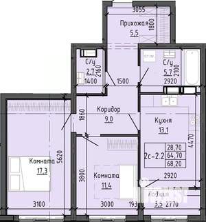 2-к квартира, вторичка, 68м2, 8/25 этаж