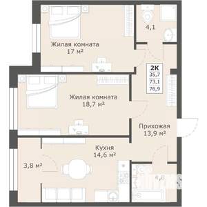 2-к квартира, строящийся дом, 76м2, 3/12 этаж
