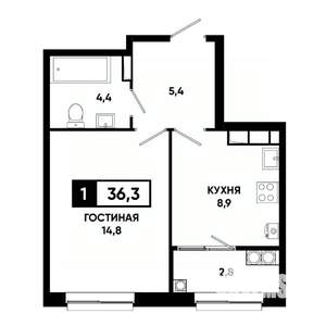 1-к квартира, строящийся дом, 36м2, 16/19 этаж