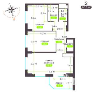 2-к квартира, вторичка, 67м2, 1/19 этаж