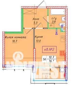 1-к квартира, вторичка, 36м2, 2/22 этаж