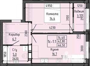 1-к квартира, вторичка, 46м2, 7/24 этаж
