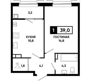 1-к квартира, строящийся дом, 39м2, 5/21 этаж