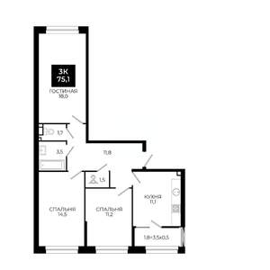 3-к квартира, вторичка, 75м2, 18/24 этаж