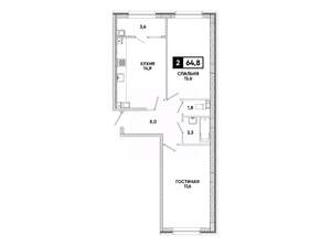 2-к квартира, вторичка, 65м2, 11/16 этаж