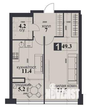1-к квартира, строящийся дом, 49м2, 8/12 этаж