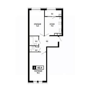 2-к квартира, вторичка, 62м2, 13/16 этаж