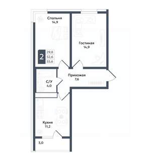 2-к квартира, вторичка, 56м2, 2/22 этаж