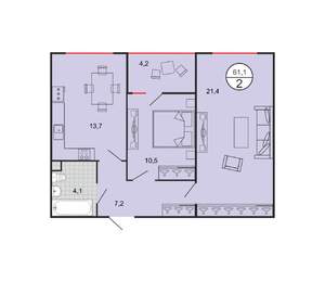 2-к квартира, строящийся дом, 61м2, 2/19 этаж
