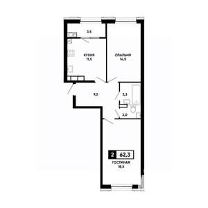 2-к квартира, вторичка, 62м2, 15/16 этаж