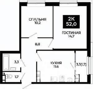 2-к квартира, вторичка, 52м2, 14/24 этаж