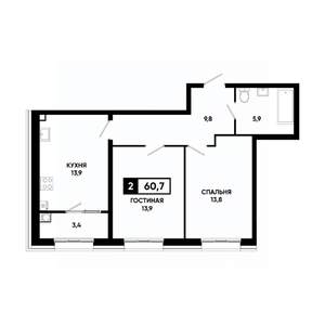 2-к квартира, вторичка, 61м2, 2/16 этаж