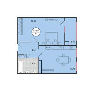 1-к квартира, строящийся дом, 44м2, 5/6 этаж