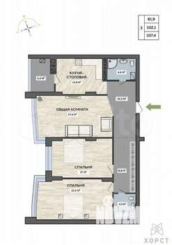 3-к квартира, вторичка, 107м2, 8/9 этаж