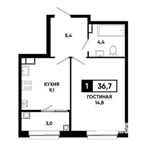 1-к квартира, строящийся дом, 37м2, 3/19 этаж