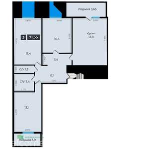 3-к квартира, вторичка, 72м2, 1/17 этаж