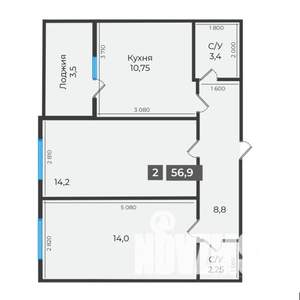 2-к квартира, вторичка, 57м2, 16/16 этаж