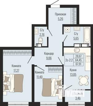 2-к квартира, вторичка, 68м2, 20/25 этаж