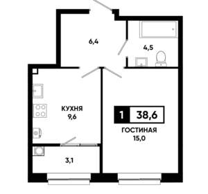 1-к квартира, строящийся дом, 39м2, 2/19 этаж