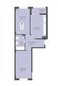 2-к квартира, вторичка, 67м2, 5/18 этаж