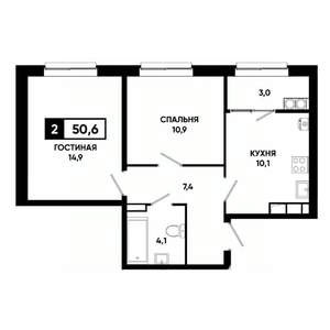 2-к квартира, строящийся дом, 51м2, 13/19 этаж