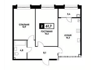 2-к квартира, вторичка, 62м2, 2/16 этаж