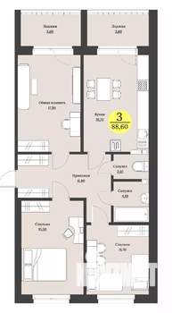 3-к квартира, строящийся дом, 89м2, 3/12 этаж