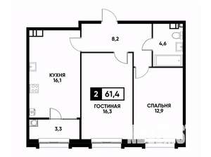 2-к квартира, вторичка, 61м2, 5/16 этаж