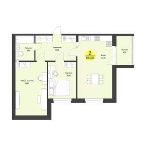 2-к квартира, строящийся дом, 66м2, 1/12 этаж