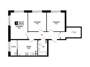 3-к квартира, вторичка, 70м2, 3/24 этаж