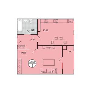 1-к квартира, строящийся дом, 43м2, 5/6 этаж