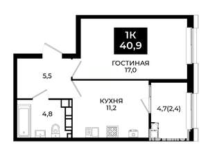 1-к квартира, вторичка, 41м2, 16/24 этаж