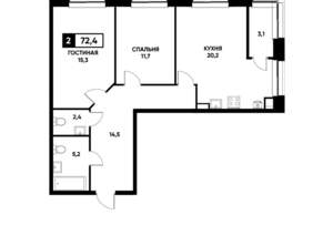 2-к квартира, вторичка, 72м2, 2/22 этаж